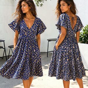 Coastal Cowgirl 3X Blue Floral Tiered Midi Dress Flutter Sleeve Cottagecore Boho